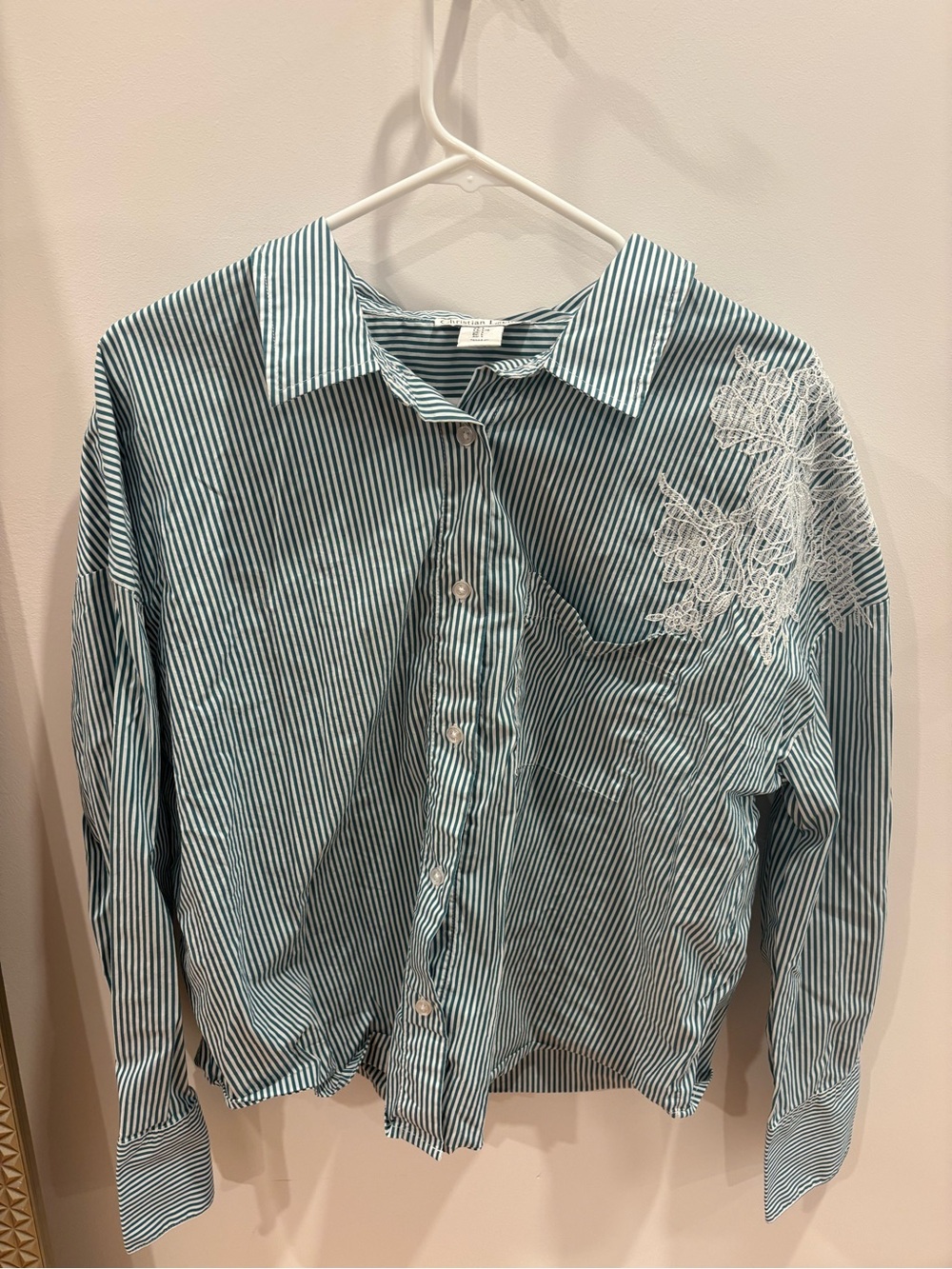Christian Lacroix Teal Striped Button-Down Shirt with White Embroidery
